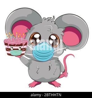 Fumetto kawaii anime mouse grigio o ratto in maschera facciale con torta di cioccolato disegno. Illustrazione Vettoriale