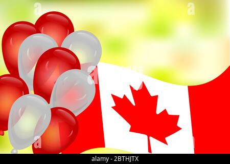 Banner con bandiera canadese, palloncini e sfondo sfocato. Buon giorno del Canada. Giornata dell'indipendenza del Canada. Biglietto d'auguri con spazio per la copia.illustrazione vettoriale Illustrazione Vettoriale