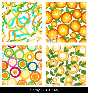 Set di motivi estivi luminosi. Sfondi senza cuciture per poster, feste, prodotti tipografici. Cerchi arancioni, arance, strisce colorate Illustrazione Vettoriale