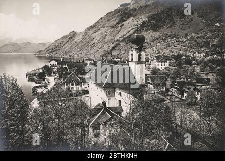 Fotografia d'epoca del XIX secolo - Gersau sulle rive del lago di Lucerna, Svizzera Foto Stock