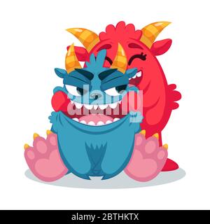 Simpatici mostri tirano un sorriso. Illustrazione vettoriale piatta. Stampa per biglietti d'auguri, t-shirt e vestiti per bambini e bambini. Illustrazione Vettoriale