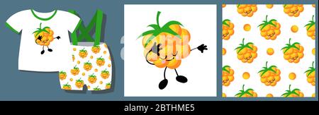 Stampa divertente per i vestiti del bambino. Carino modello con bacche. Design T-shirt. Illustrazione vettoriale. Kit di design tessile pronto all'uso. Cloudberry senza cuciture Illustrazione Vettoriale