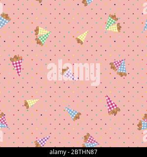 Coppie di mandorle arrosto in carino gingham sacchetti di carta vettore senza cuciture motivo sfondo. I kernel shell ovali si ripetono sullo sfondo rosa dei puntini di polka. Per Illustrazione Vettoriale