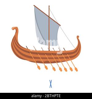 Nave di legno con remi e vela, drakkar barca Illustrazione Vettoriale