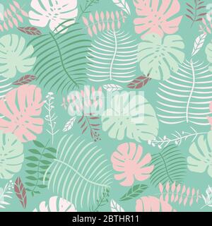 Verde menta verde tropicale svizzero formaggio pianta foglia vettoriale senza cuciture motivo grafico floreale felce foglie pastello tessuto minimale monocromatico colori sottili Illustrazione Vettoriale