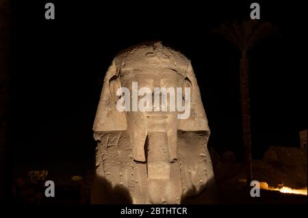 Antica sfinge di pietra egiziana illuminata di notte al tempio di Luxor Foto Stock