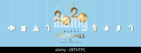 Allegro Natale Natale di design, decorazione con taglio di carta appendere ornamenti di Natale su sfondo blu per biglietto di auguri, banner, intestazioni, poster, Illustrazione Vettoriale