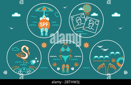 Set di icone, logo, badge con l'illustrazione di Summer Travel. SPF, ombrello, sandali, onde marine, fenicotteri, giglio d'acqua, palloncino, ciabatte, costume da bagno, spiaggia Illustrazione Vettoriale