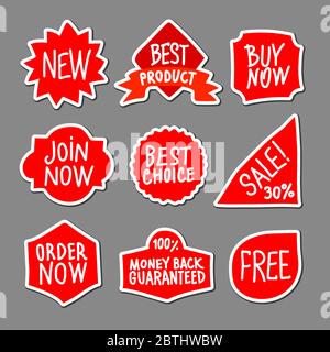 set di diversi adesivi pubblicitari e promozionali, badge, tag ed etichette di colore rosso Illustrazione Vettoriale