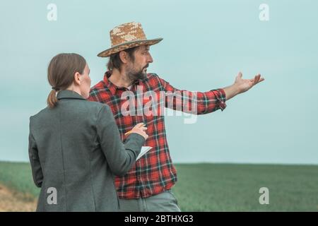 Banchiere e agricoltore che negoziano prestiti bancari per l'agricoltura in campo di grano verde, fuoco selettivo Foto Stock