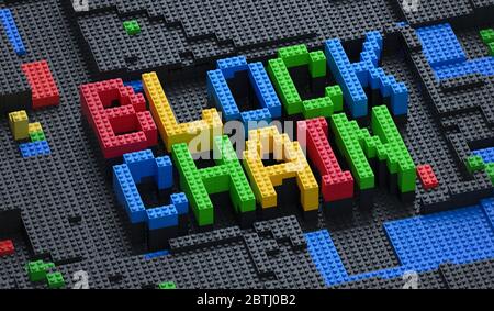 Blockchain Word in mattoni LEGO. Concetto di tecnologia Blockchain. I mattoni simboleggiano l'idea dei blocchi nella crittografia. Foto Stock