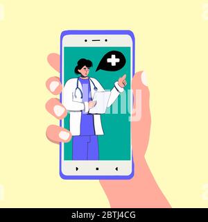 Medico online. La mano tiene lo smartphone e il telk al medico. Consultazione terapista. Illustrazione disegnata a mano del cartoon vettoriale Illustrazione Vettoriale