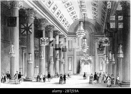 Un'incisione della Egyptian Hall, Mansion House, Londra scansionata ad alta risoluzione da un libro stampato nel 1851. Credevo libero da copyright. Foto Stock