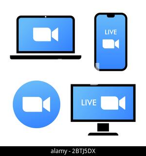 Icona blu della fotocamera - applicazione Live Media Streaming su diversi dispositivi: Laptop, smartphone, tv, tablet, monitor, videochiamate in conferenza con Illustrazione Vettoriale