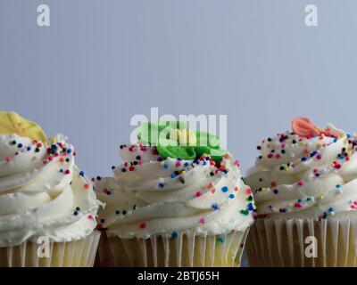 Macro fotografia primo piano di 3 cupcake con glassa bianca, spruzzare e fiori fondenti su uno sfondo bianco. Perfetto per un birdda Foto Stock