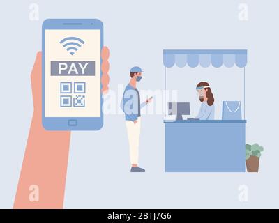 Uomo toccare lo schermo mobile per il pagamento tramite scansione QR codice a pagamento a femmina Cassiere. Nuova normale di acquisto con l'applicazione pagamento online. Illustrazione Vettoriale