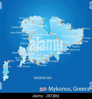 Isola di Mykonos in Grecia mappa su sfondo blu Illustrazione Vettoriale