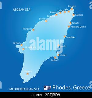 Isola di Rodi in Grecia mappa su sfondo blu Illustrazione Vettoriale