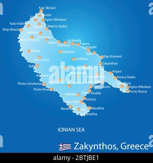 Isola di Zante in Grecia mappa su sfondo blu Illustrazione Vettoriale