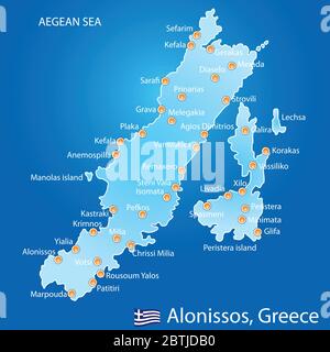 Isola di Alonissos in Grecia mappa su sfondo blu Illustrazione Vettoriale