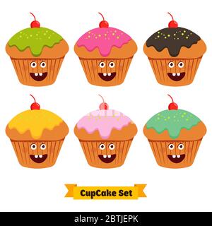 Set di cupcake smileys. Faccia dei personaggi del cartone animato. Raccolta vettoriale . Emoticon. Concetto di cibo divertente. Illustrazione Vettoriale
