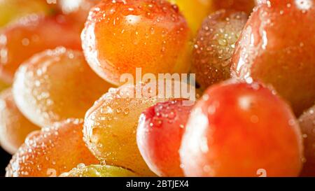 Immagine closeup di luce solare brillante che splende su uve mature ricoperte di rugiada mattutina. Sfondo astratto di frutta e bacche Foto Stock