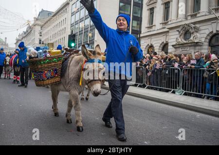 London New Year's Day Parade 2020, l'uomo sventolando accanto ad un asino della società di razza asino. Foto Stock