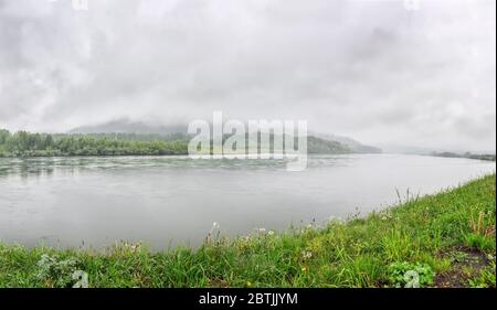 Nebbia bianca sulla foresta in collina e fiume in estate mattina - vista panoramica. Moody paesaggio sul fiume. Erba verde con gocce di rugiada. Fresco Foto Stock