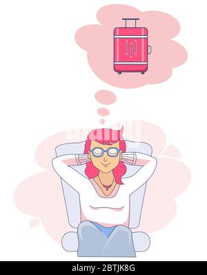Disegno vettoriale di una ragazza seduta e sognante di un viaggio con occhi chiusi sullo sfondo. Nuvola rosa in valigia Illustrazione Vettoriale
