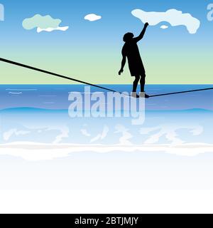 uomo che cammina sul tightrope sopra il vettore di mare illustrazione Illustrazione Vettoriale