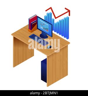 Scrivania da casa o ufficio con computer, cartelle cartacee e cartografia. Illustrazione vettoriale isometrica della manipolazione, analisi e pianificazione dei dati isolati su whit Illustrazione Vettoriale
