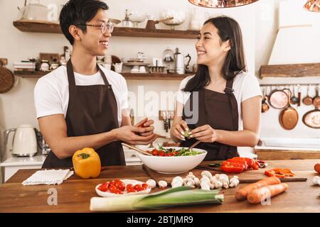 Immagine di una coppia multiculturale sorridente e che guarda su di voi mentre cucinando la cena in una cucina accogliente Foto Stock