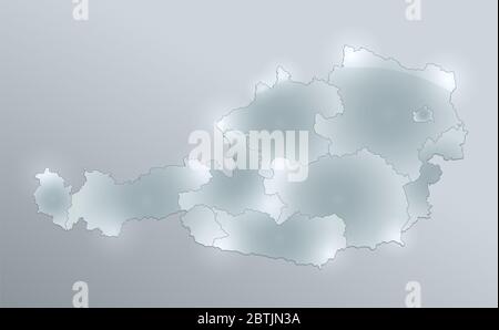 Austria mappa e bandiera, divisione amministrativa, separa regioni e nomi singole regioni, design vetro scheda 3D vuoto Foto Stock