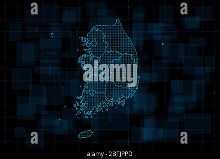 Mappa HUD della Corea del Sud con le province. Cyberpunk futuristico sfondo digitale blu scuro. Tratto modificabile. Vettore Illustrazione Vettoriale