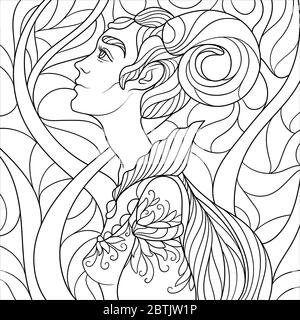 Pagina da colorare Zentangle fantasy per adulti anti stress con bella ragazza con corna con sfondo bianco e nero Foto Stock