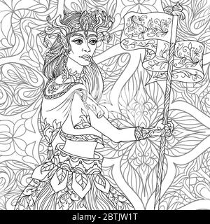 Pagina da colorare di fantasia di Zentangle per gli adulti anti stress con bella ragazza elfo faccia con sfondo bianco e nero Foto Stock