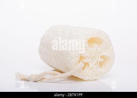 Concetto di zero sprechi. Primo piano di una spugna di luffa isolata su sfondo bianco Foto Stock