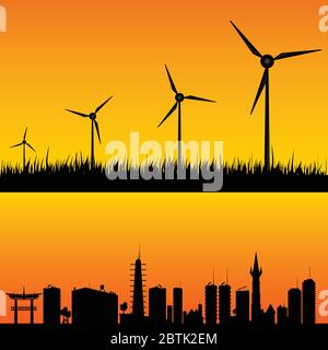 mulini a vento per generare l'illustrazione del vettore elettrico su uno sfondo a colori Illustrazione Vettoriale