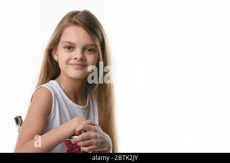 Ritratto di una bella ragazza di dieci anni di apparenza europea Foto Stock