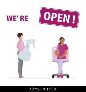 Illustrazione vettoriale riapertura di parrucchieri, salone termale dopo la quarantena COVID-19, coronavirus pandemic segno Siamo aperti tenere distanza Social distanci Illustrazione Vettoriale