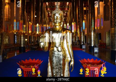 buddha d'oro in piedi nella sala di preghiera di Wat Chedi Luang a Chiang mai Foto Stock