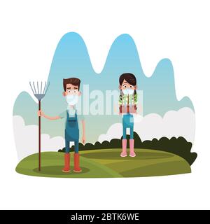 gli agricoltori coppia indossare maschere mediche scena Illustrazione Vettoriale