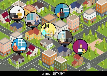 Un'illustrazione vettoriale concettuale isometrica delle persone che lavorano da casa Illustrazione Vettoriale