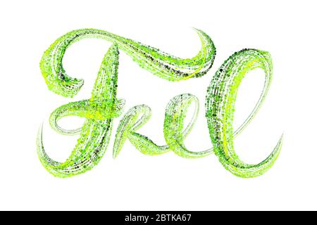 Parola scritta libera scritta con particelle luminose verdi isolate su sfondo bianco. Concetto di vendita gratuita Foto Stock