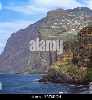 Cabo Giroa scogliere e case costiere, Camara de Lobos, Madeira, Portogallo Foto Stock