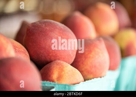 Pesche fresche della Georgia in un mercato di frutta e verdura sul bordo strada nella Georgia nordorientale. (STATI UNITI) Foto Stock