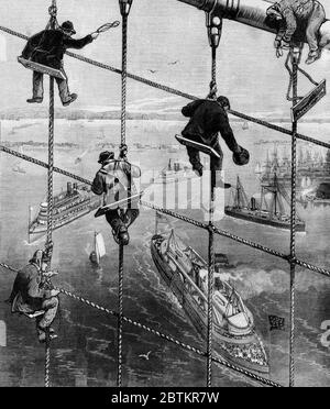 New York City - ultimare un grande lavoro - ancoraggio dei soggiorni del Ponte di Brooklyn - 1883 Foto Stock