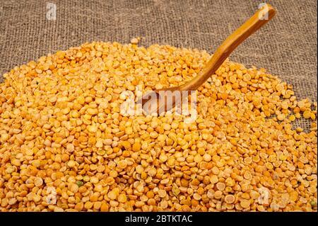 Piselli spezzati gialli sparsi su uno sfondo di burlap ruvido-testurizzato. Cereali tradizionali per la preparazione di zuppe e porridge. Primo piano Foto Stock