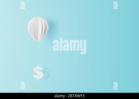 illustrazione del pallone volare con il simbolo del dollaro sul cielo blu. Business e gestione idea.Creative design carta taglio e artigianato stile scena per voi Illustrazione Vettoriale