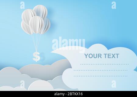 illustrazione del pallone volare con il simbolo del dollaro sul cielo blu. Business e gestione idea.Creative design carta taglio e artigianato stile scena per voi Illustrazione Vettoriale